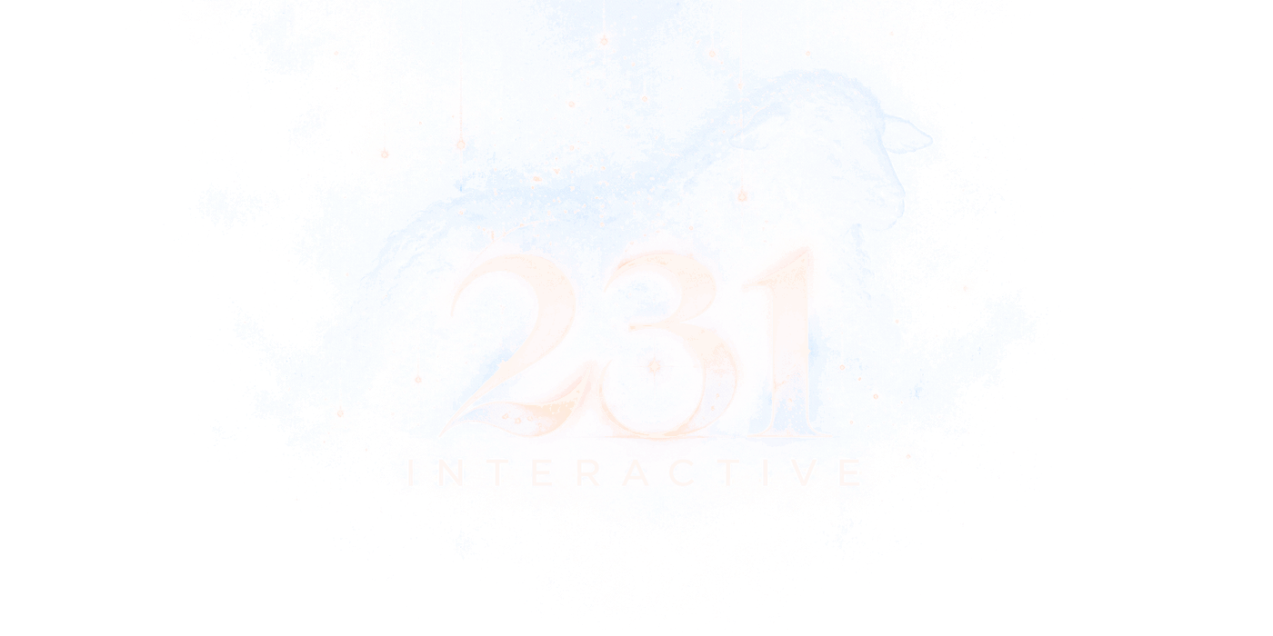 231 Interactive logo: the number 231 in glowing white over a starry night sky with a lamb